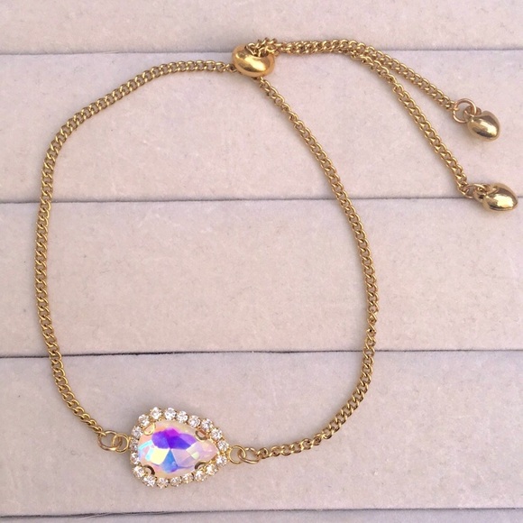 White Aurora Borealis Crystal Halo + Gold Pear Adjustable Boho Bracelet - Picture 3 of 13